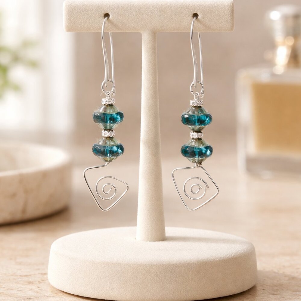Handmade Wired Teal Faceted Beads Dangle Earrings‎ - New